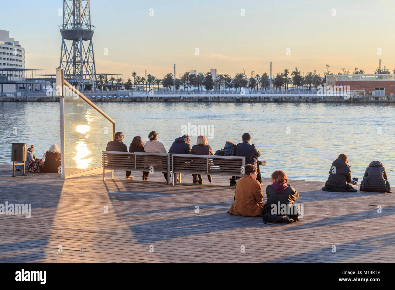 People looking port, Port Vell,at sunset,Barcelona. Stock Photo
