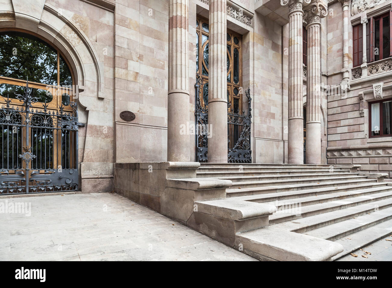 Classic building entrance, palace justice,palau justicia, by Enric Sagnier and Josep Domenech,Barcelona. Stock Photo