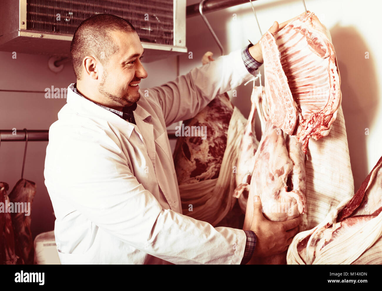 Male shop staff selling kosher meat at counter and smiling Stock Photo Alamy