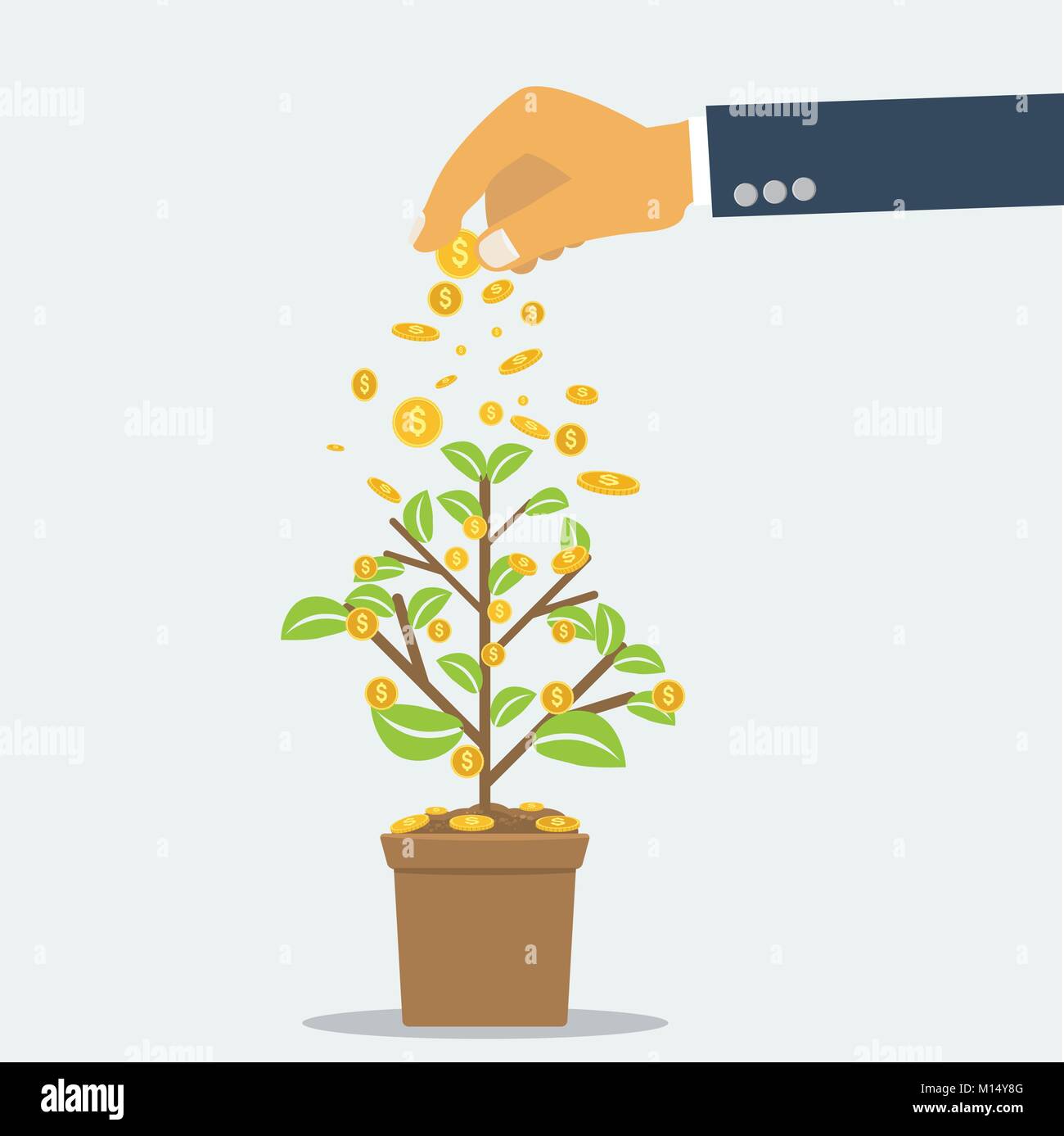 Businessman hand investing money coin tree with can. growth, investment concept with flat and solid color style. Stock Vector