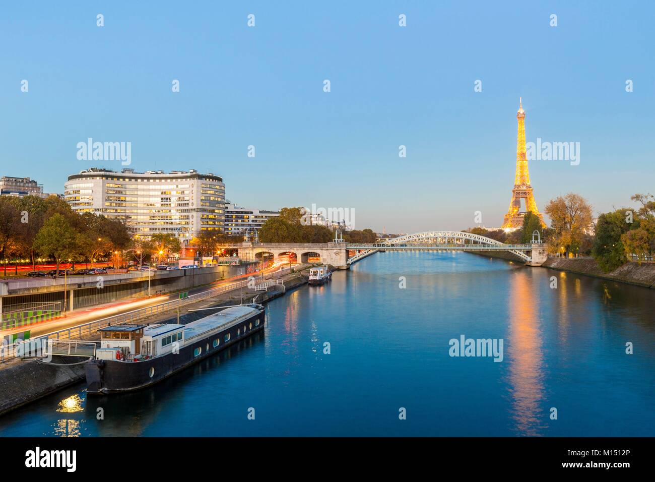 France, Paris, area listed as World Heritage by UNESCO, the Rouelle Bridge and the Eiffel Tower Stock Photo