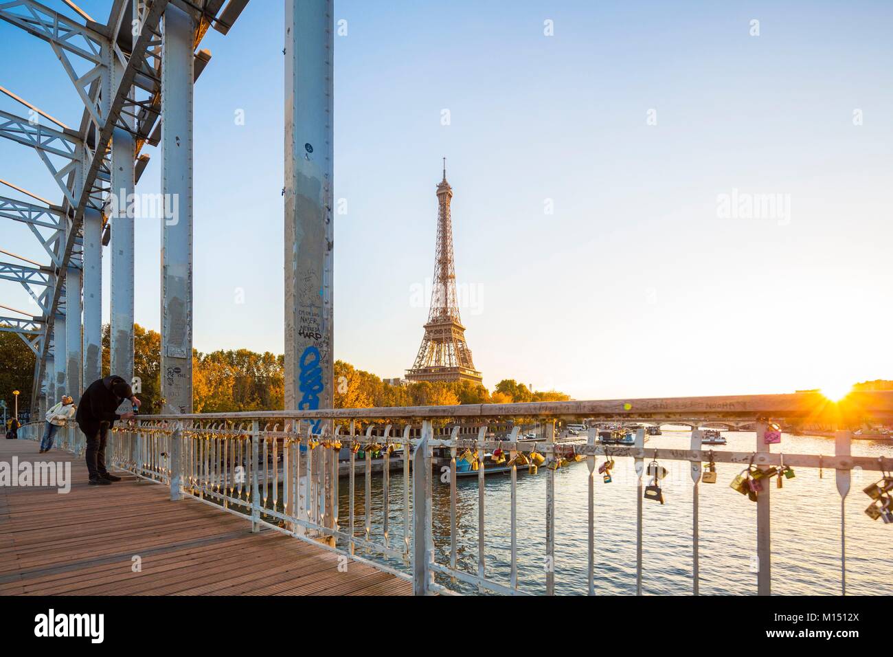 France, Paris, area listed as World Heritage by UNESCO, the Debilly bridge with love padlocks, and the Eiffel Tower Stock Photo