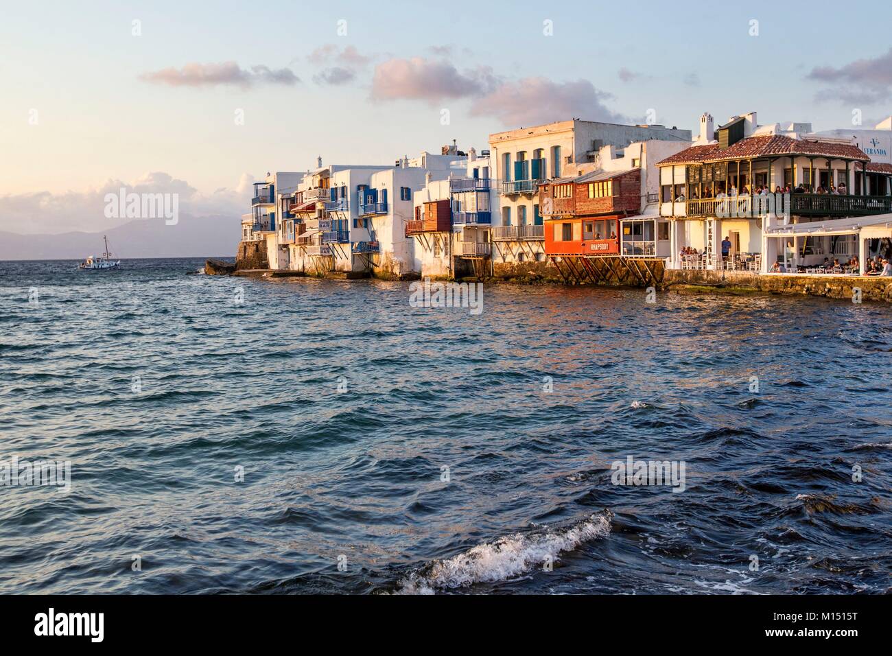 Greece, Cyclades islands, Mykonos island, seashore at Little Venice Stock Photo