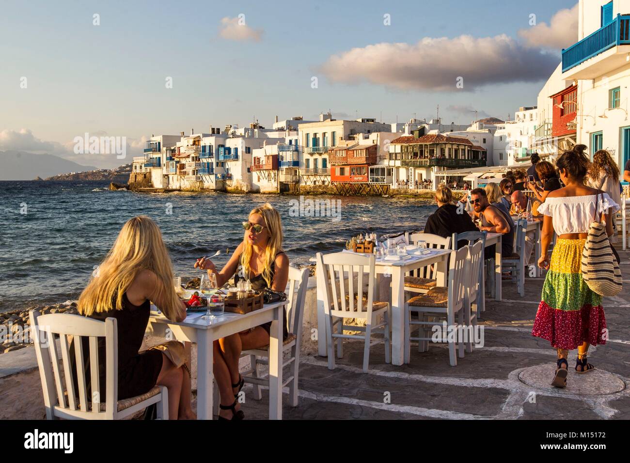 Greece, Cyclades islands, Mykonos island, coffee shop with view on Little Venice Stock Photo Alamy