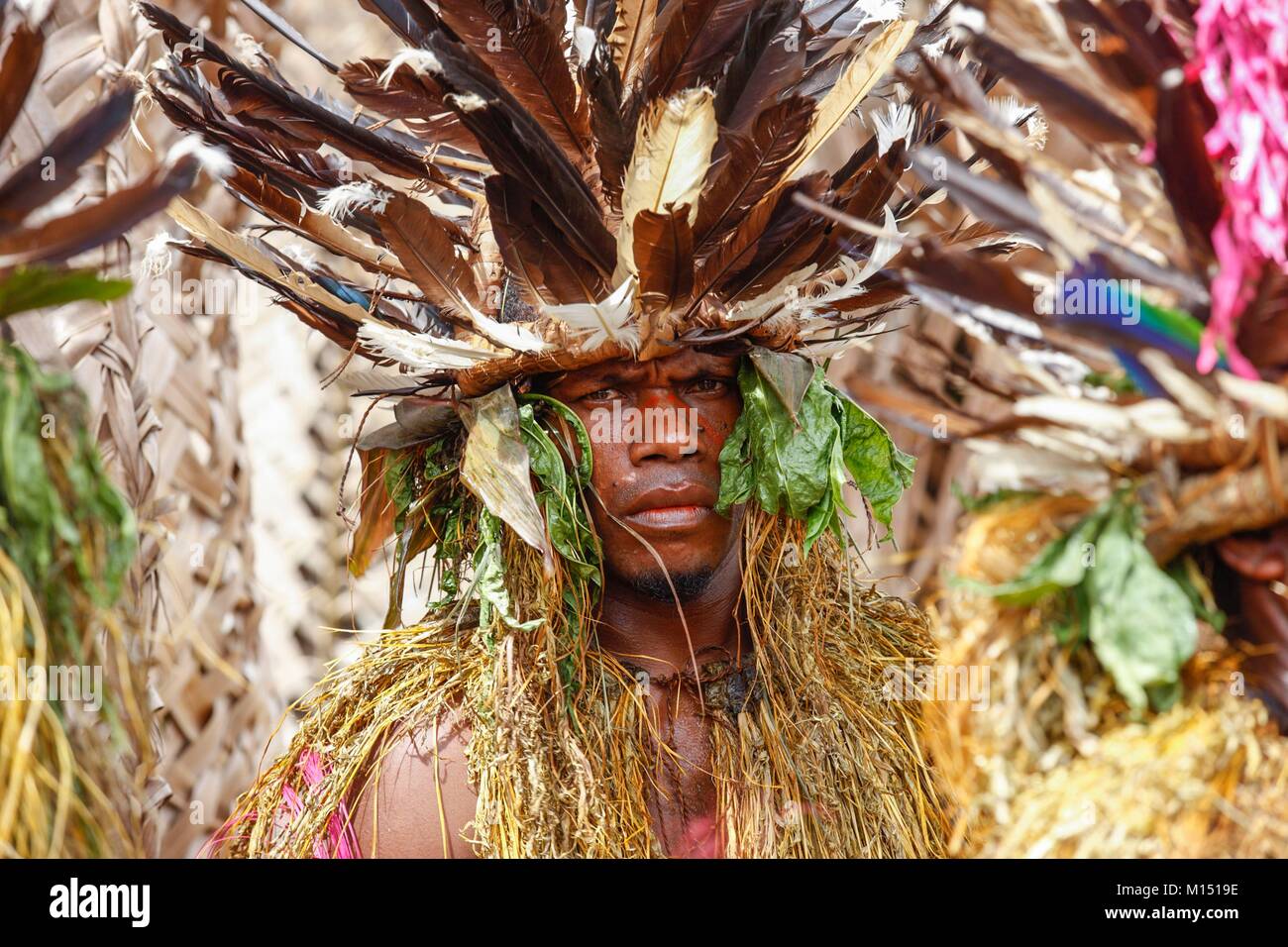Papua New Guinea, West New Britain, ritual feather headdress of various birds including bird of paradise Stock Photo