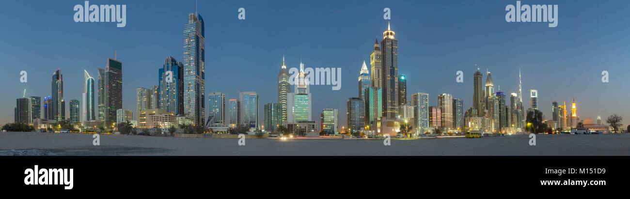 United Arab Emirates, Dubai, skyline of Sheikh Zayed road with Burj Khalifa Stock Photo