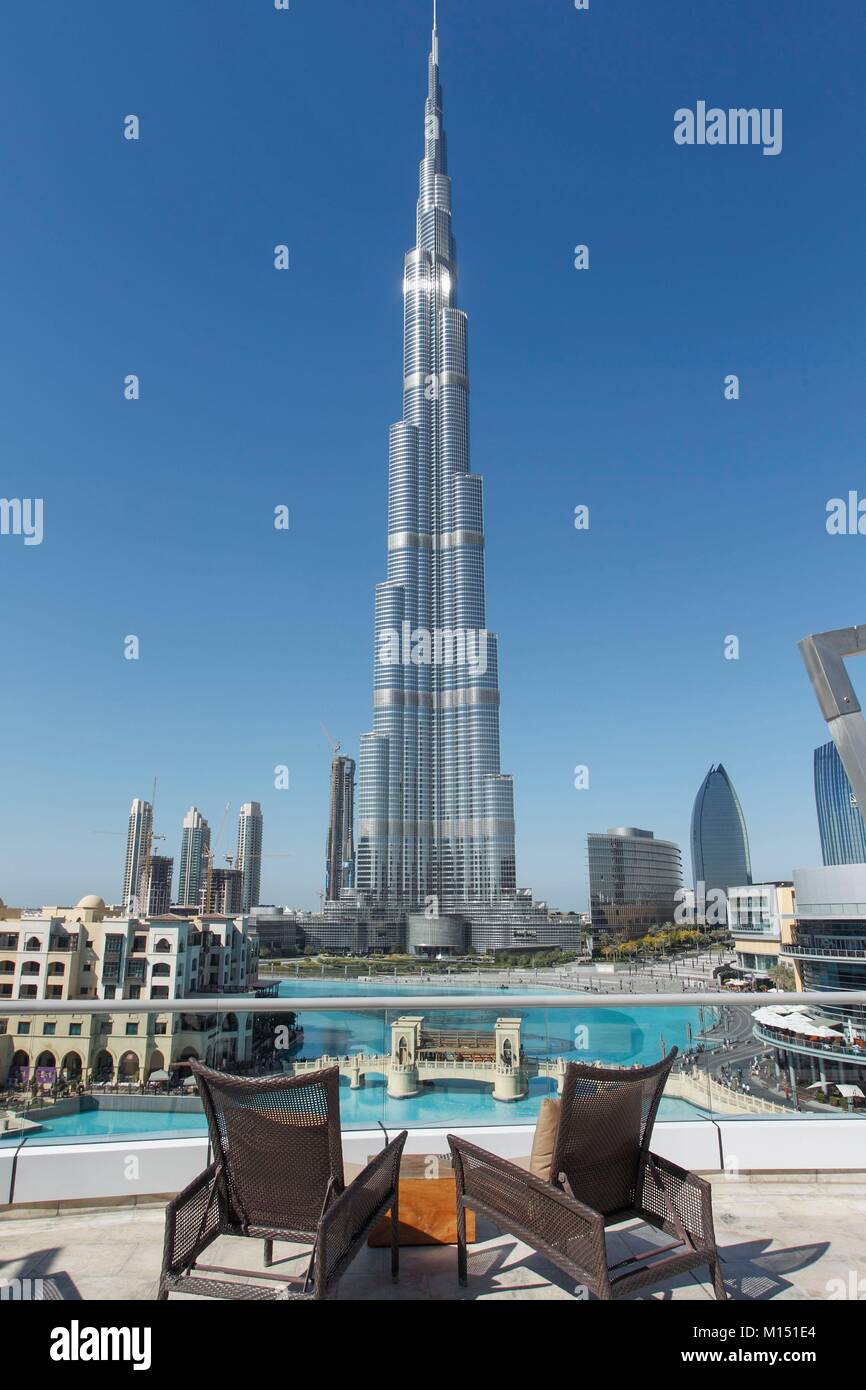 United Arab Emirates, Dubai, Burj Khalifa from a lounge of The Adress Hotel Stock Photo