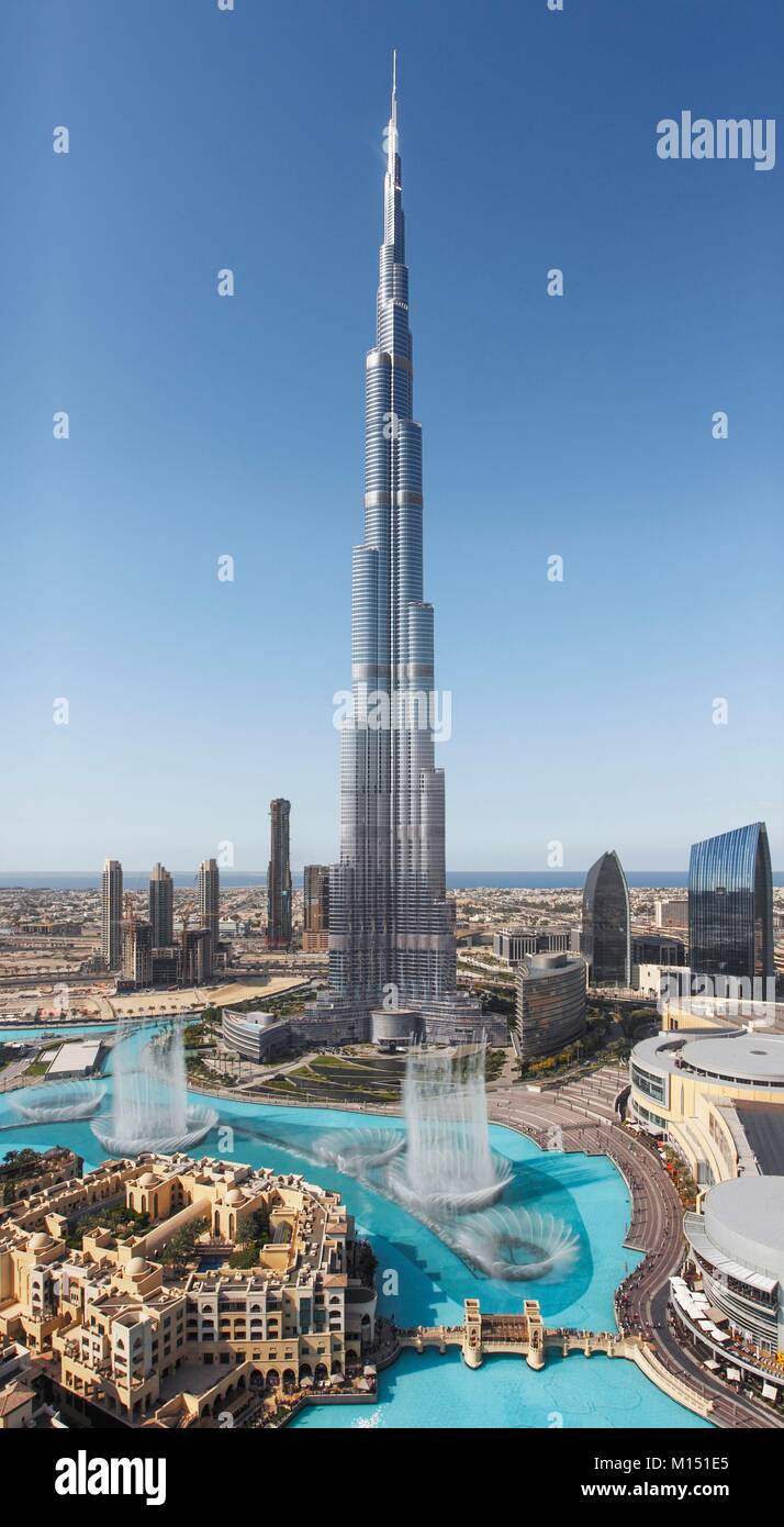United Arab Emirates, Dubai, Burj Khalifa and the Fountain, with Souk Al Bahar Stock Photo