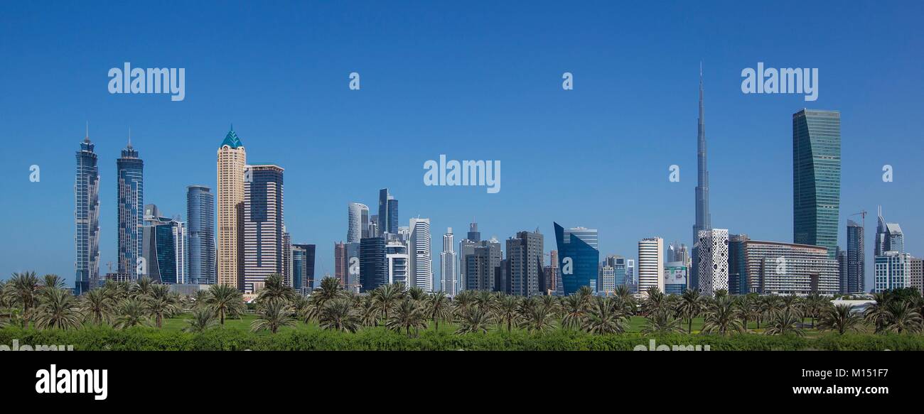 United Arab Emirates, Dubai, skyline of dubai with burj Khalifa, Marriott Hotel and U Bora tower Stock Photo