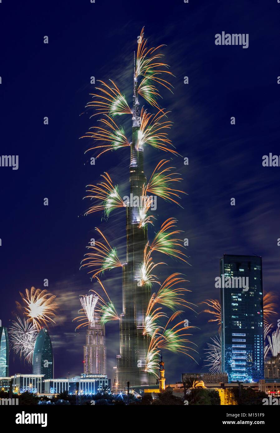 United Arab Emirates, Dubai, Burj Khalifa, 2014 fireworks Stock Photo