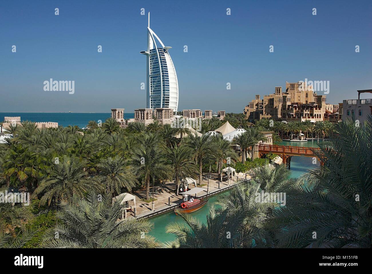 United Arab Emirates, Dubai, canals of Al Qasr Hotel, Madinat Jumeirah Hotel and Burj Al Arab Stock Photo