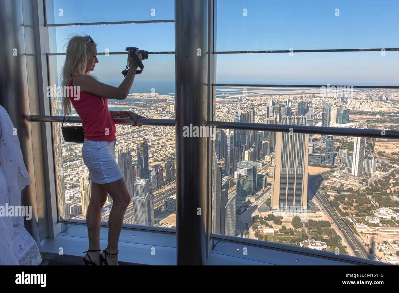 United Arab Emirates, Dubai, the towers of Sheikh Zayed Road from At the Top (Burj Khalifa) Stock Photo