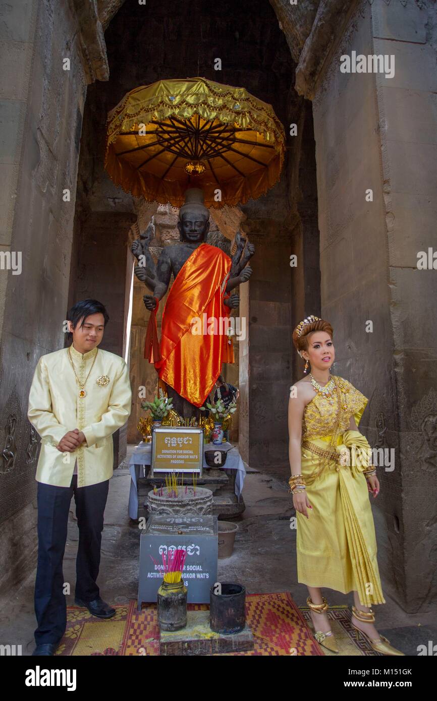 Cambodia, Angkor, listed as World Heritage by UNESCO, offerings in Angkor Vat temple for a wedding, Stock Photo