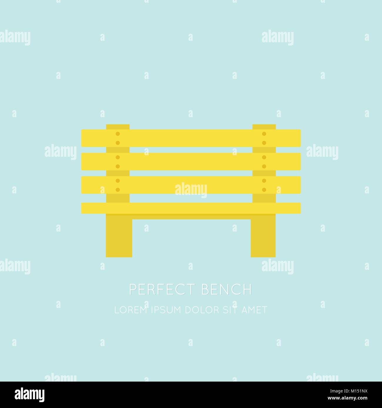 Icon of yellow wooden bench in a flat design. Isolated on blue. Vector illustration. Stock Vector