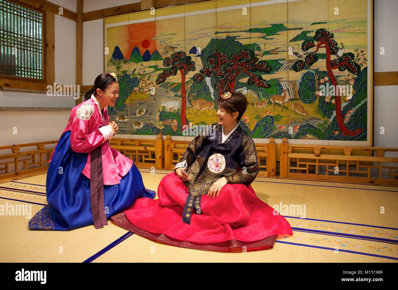 South Korea, Seoul, two friends having fun in a hambok rental shop, the traditional korean houtfit Stock Photo