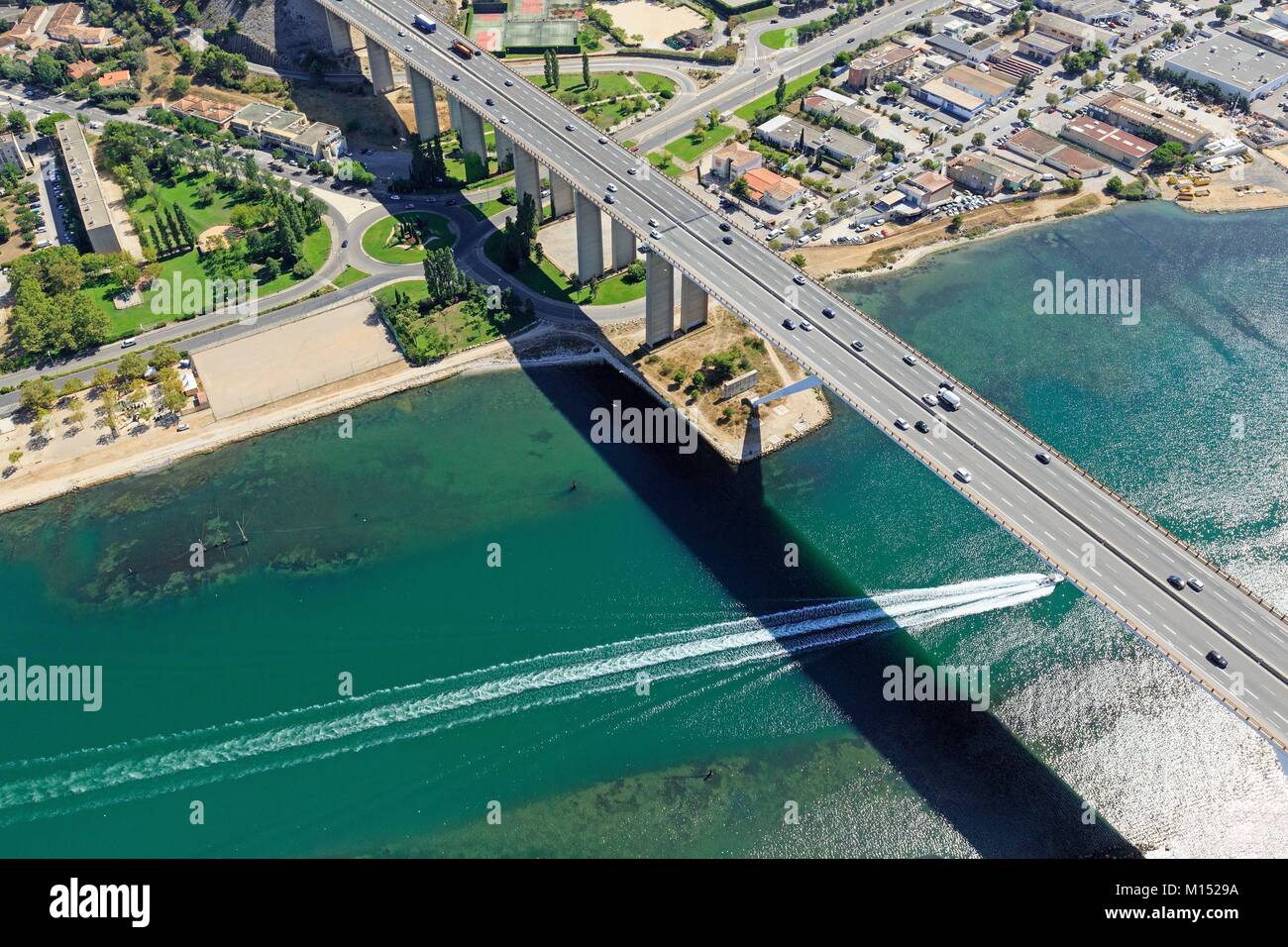 France, Bouches du Rhone, Martigues, Chenal de Caronte, Viaduc de Martigues, A55 (aerial view) Stock Photo