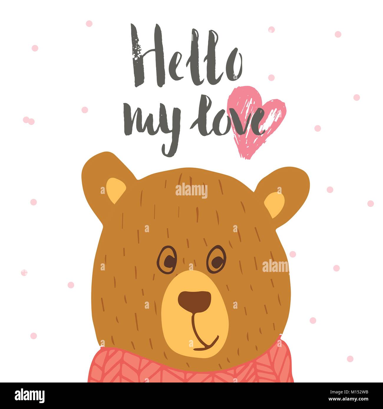 Lovely Valentines day gift card with teddy bear heart and lettering hello love. Calligraphy