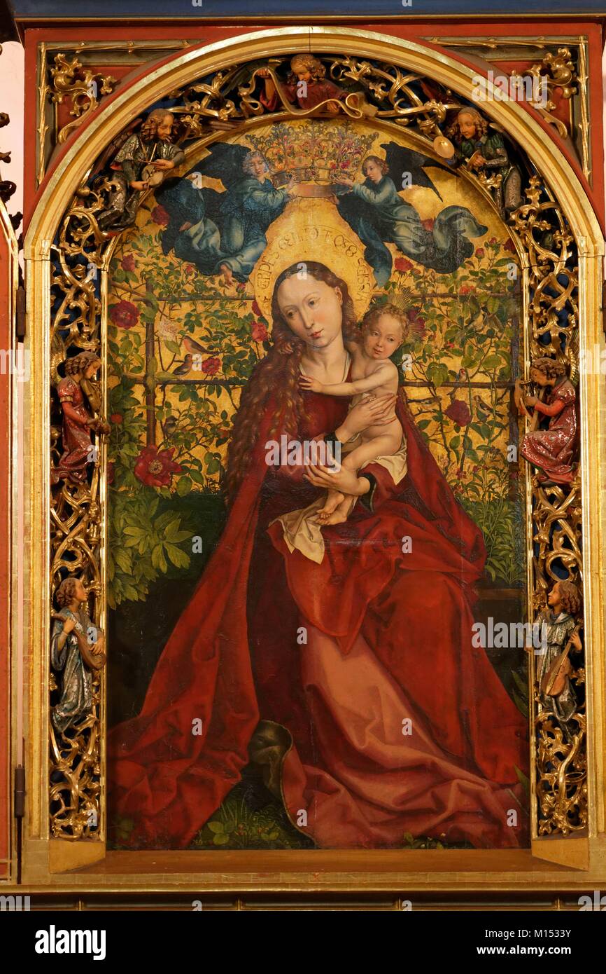 France, Haut Rhin, Alsace Wine Route, Colmar, church of the Dominicains, The Madonna of the Rose Bower (1473) of Martin Schongauer Stock Photo