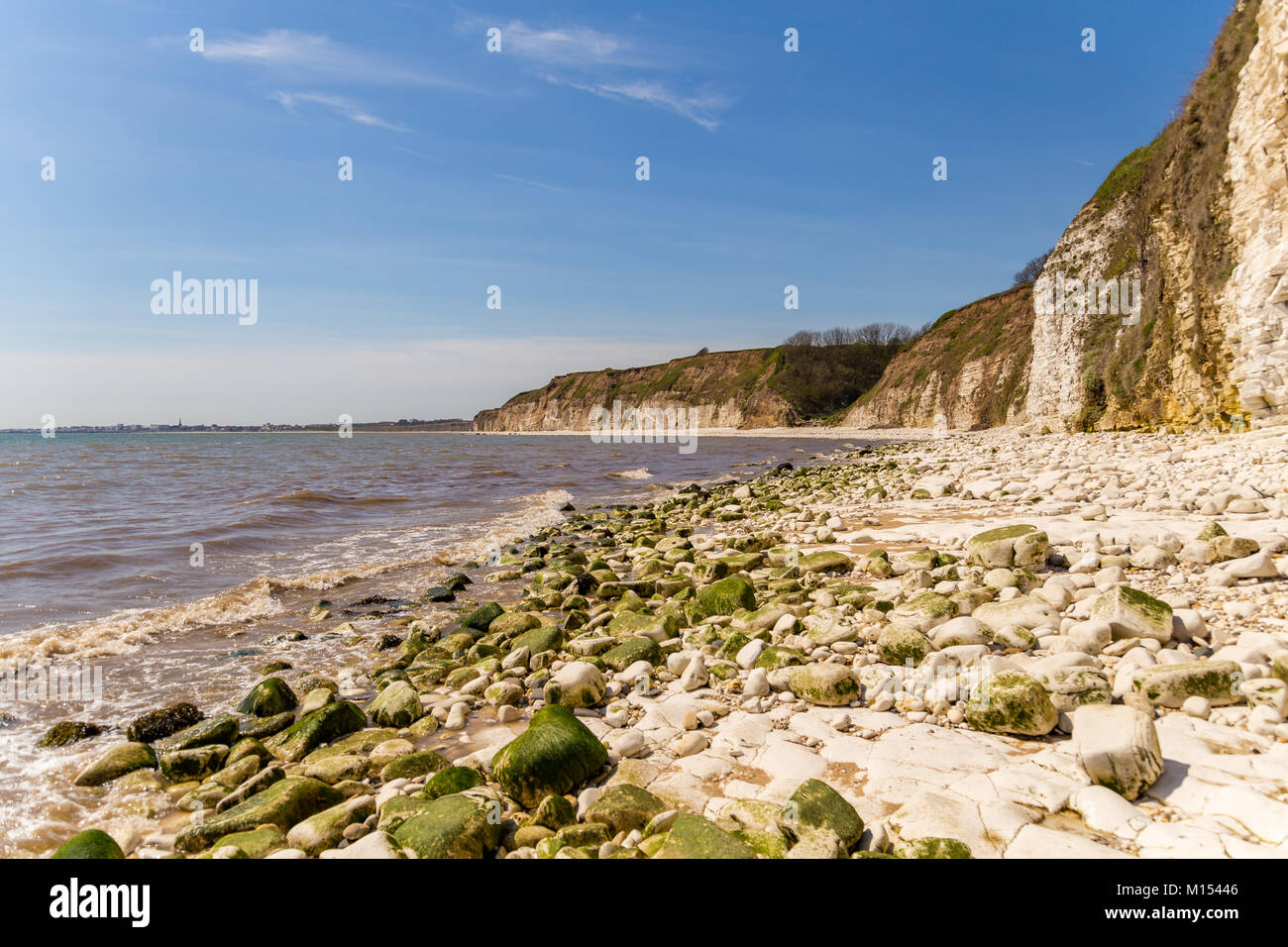 North sea coast with stones and cliffs of Danes Dyke near Bridlington, East Riding of Yorkshire, UK Stock Photo