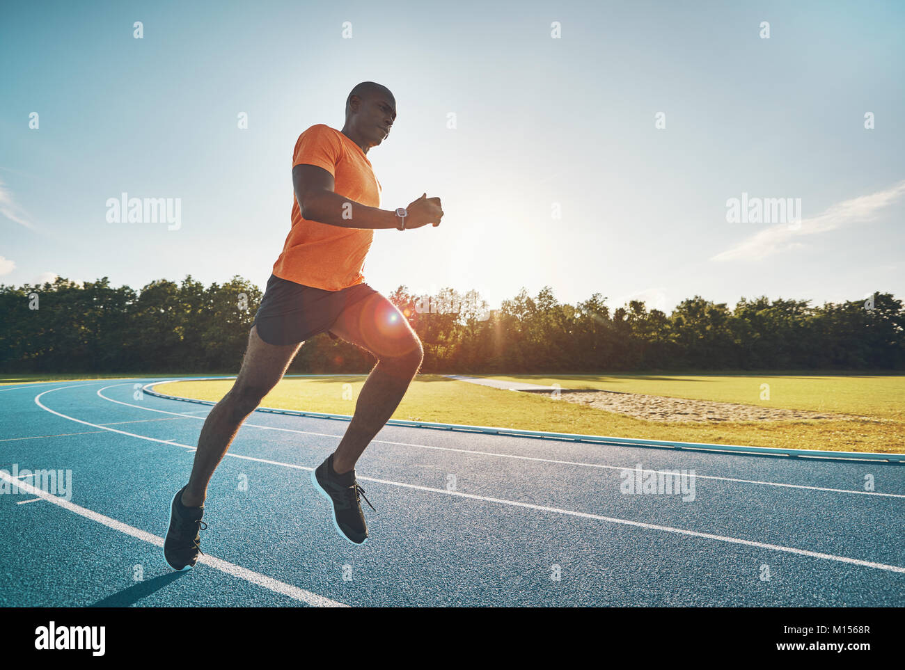 Focused young African male runner in sportswear sprinting alone along a running track on a sunny day Stock Photo