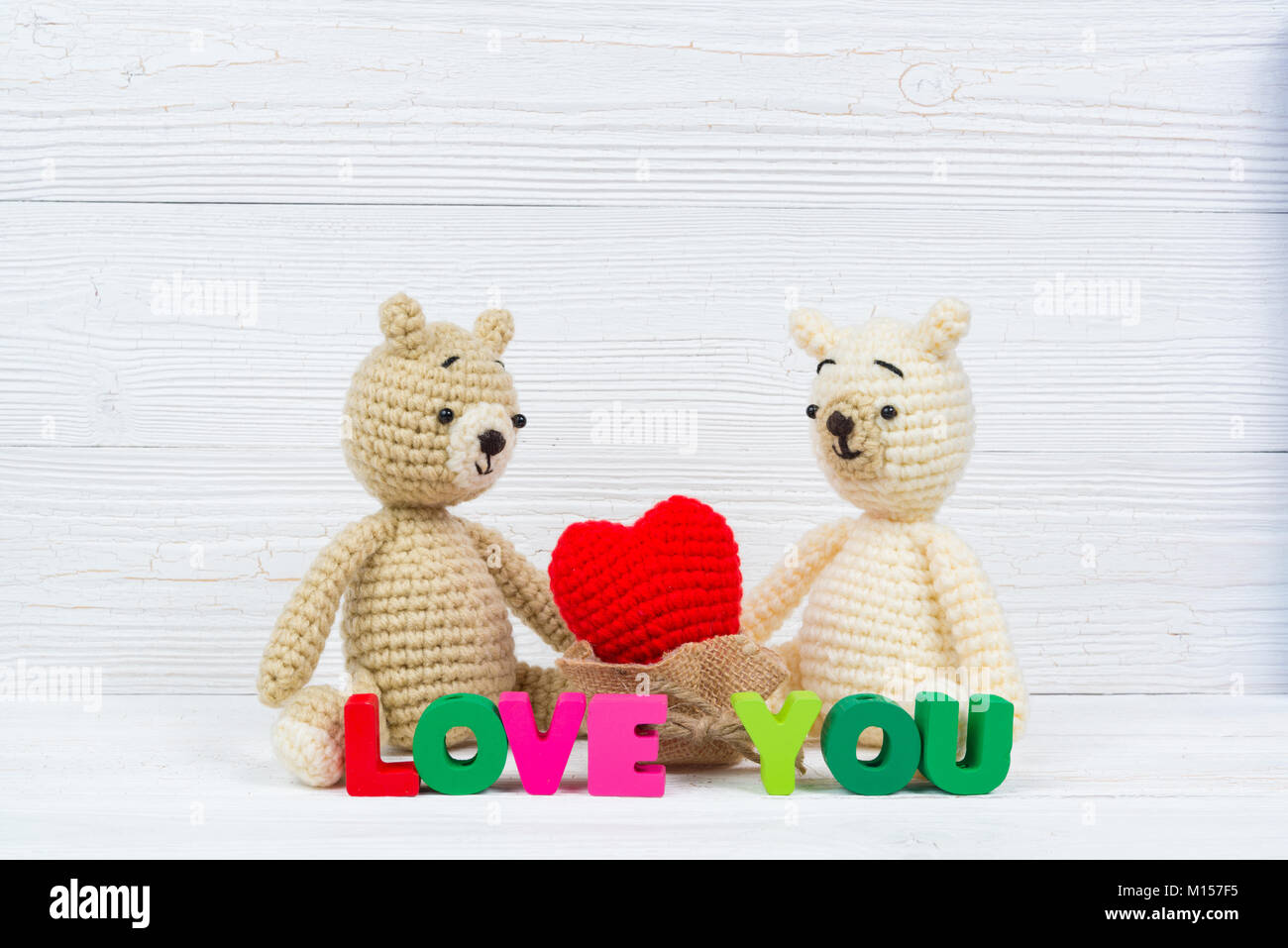 Sweet couple teddy bear doll in love with Love text and red knitting ...