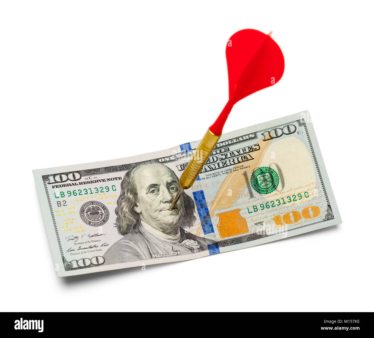 Hundred Dollar Bill Struck By a Dart Isolated on White. Stock Photo