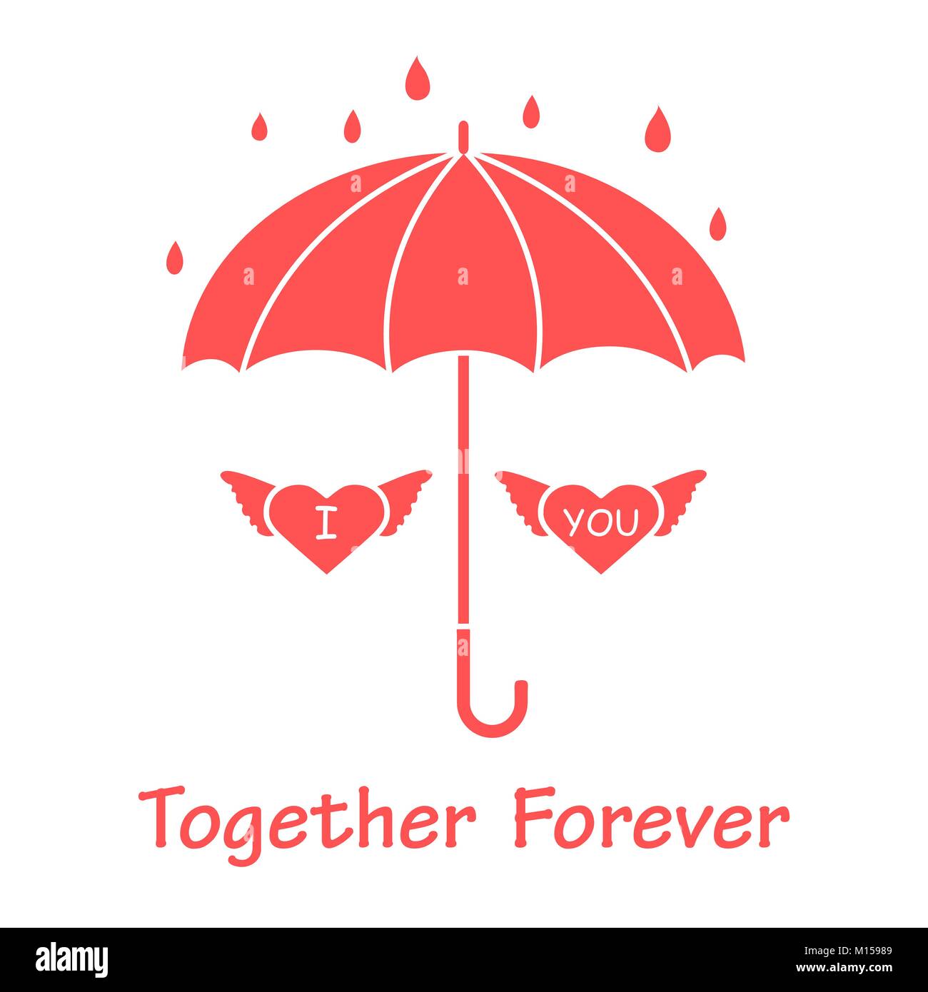 Two hearts with wings under an umbrella in the rain. Design for banner