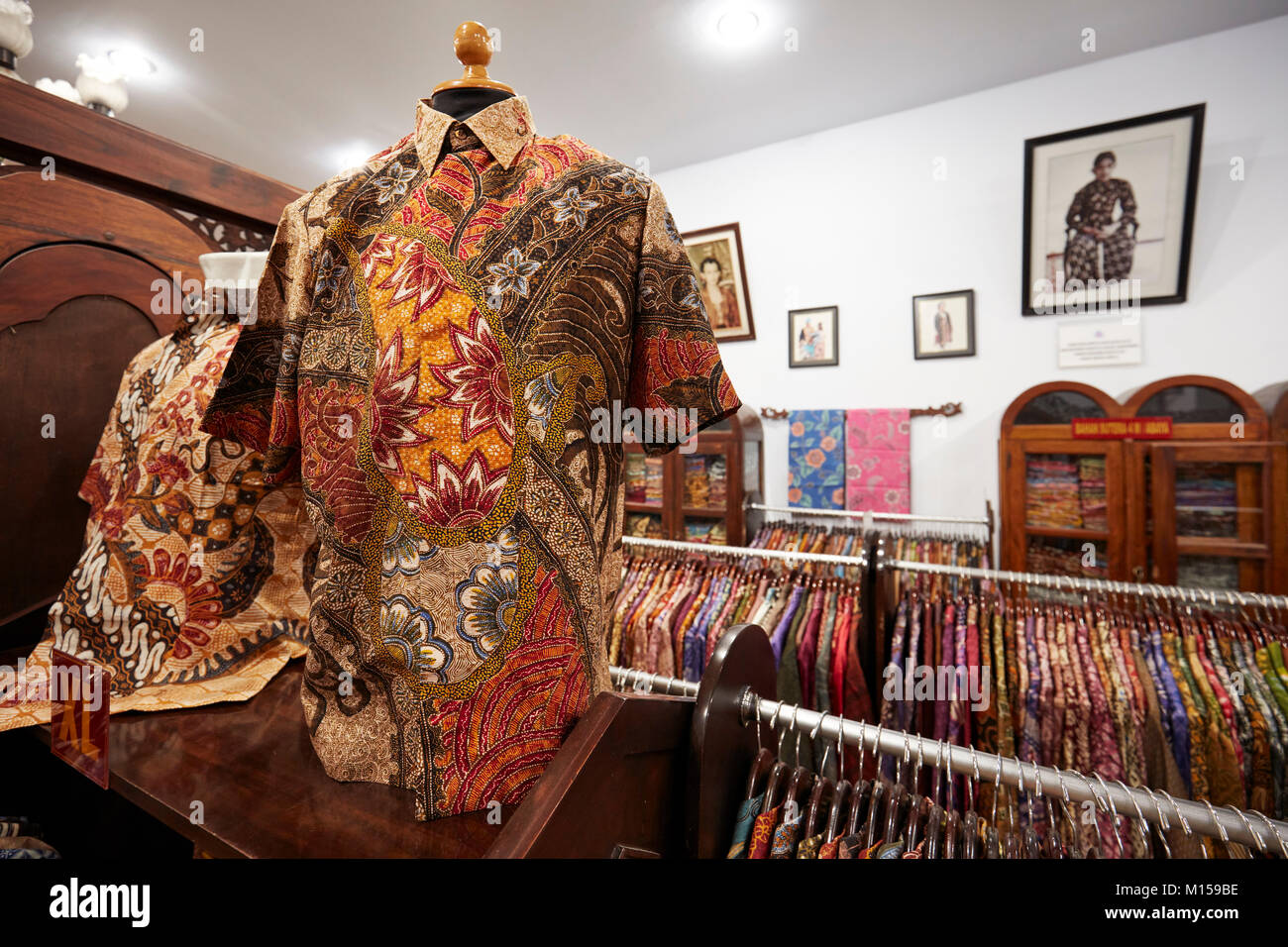 Traditional Indonesian silk batik shirt on a mannequin in Hamzah Batik shop. Yogyakarta, Java, Indonesia. Stock Photo