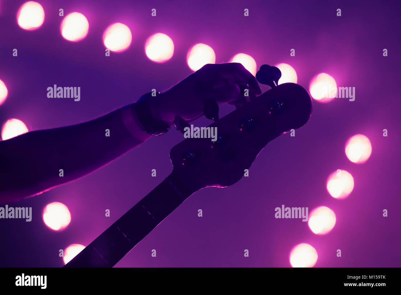 Live music background, guitarist tunes electric bass guitar, closeup photo with soft selective focus and purple illumination Stock Photo