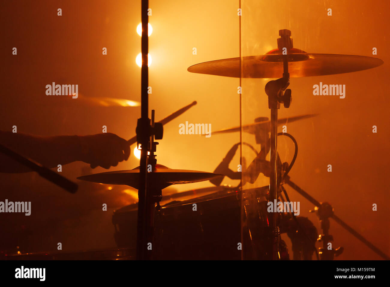 Live music background, drum set with cymbals and drummer hand Stock Photo