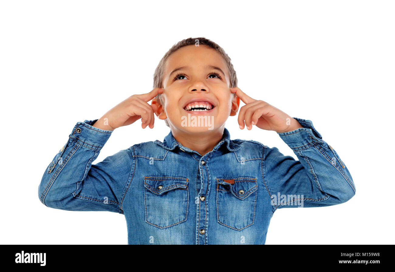 Small child covering his ears isoalted on a white background Stock
