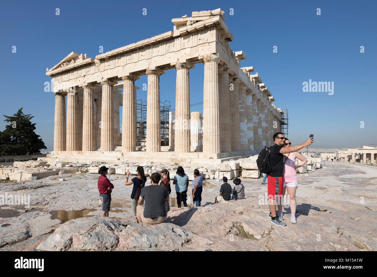 The ancient Parthenon atop the Acropolis, Athens, Greece, Europe Stock Photo