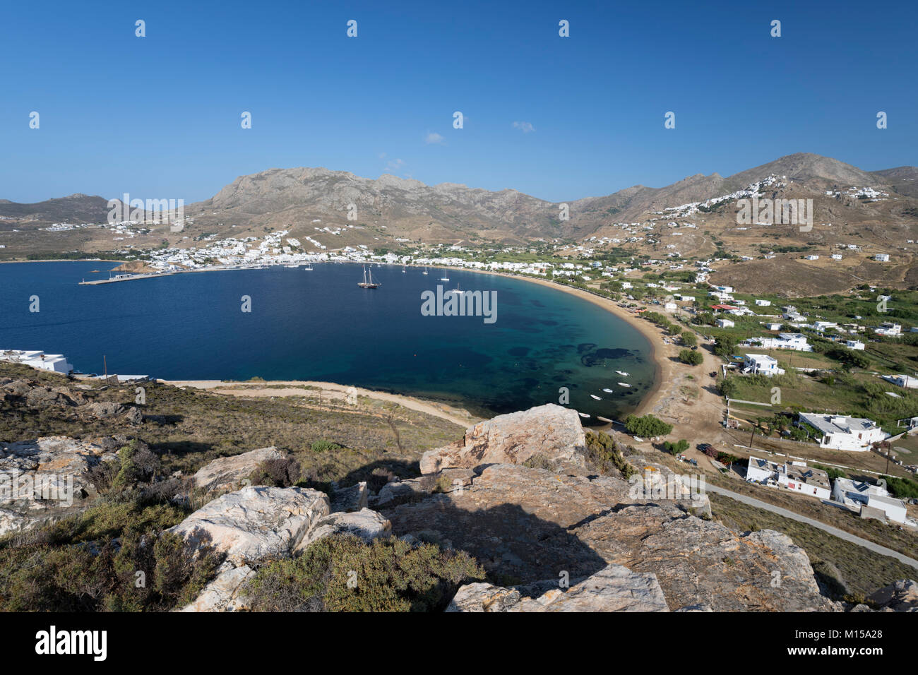 View over Livadi Bay, Serifos, Cyclades, Aegean Sea, Greek Islands; Greece; Europe Stock Photo