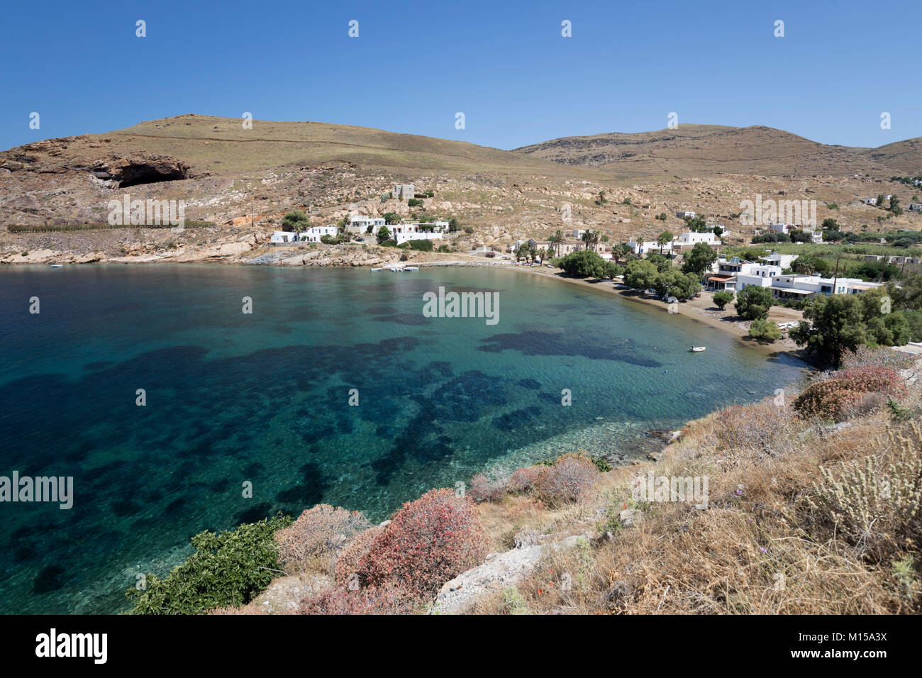 View over Megalo Livadi and bay on island's west coast, Serifos, Cyclades, Aegean Sea, Greek Islands, Greece, Europe Stock Photo