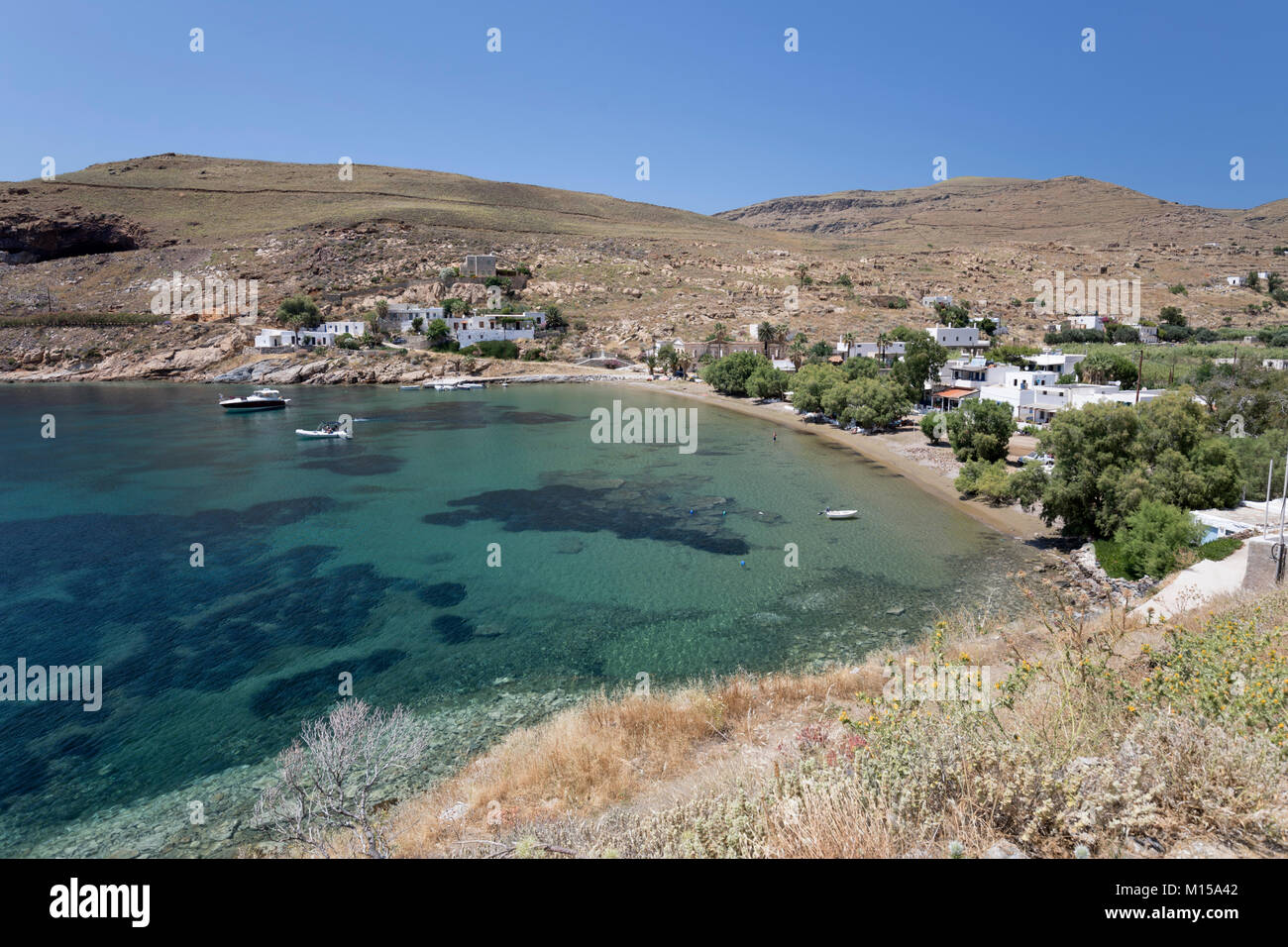 View over Megalo Livadi and bay on island's west coast, Serifos, Cyclades, Aegean Sea, Greek Islands, Greece, Europe Stock Photo