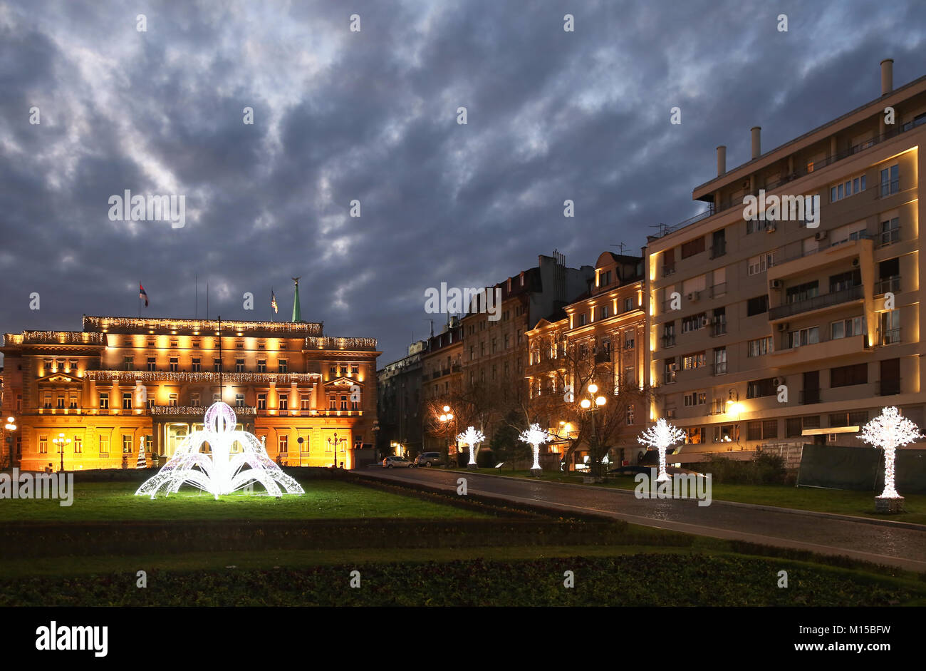 Abstract Christmas and new year decoration Belgrade Serbia city hall Stock Photo