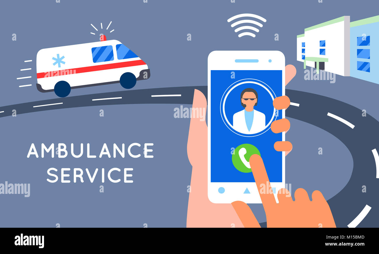 Emergency call concept illustration. Ambulance car, hands dialing