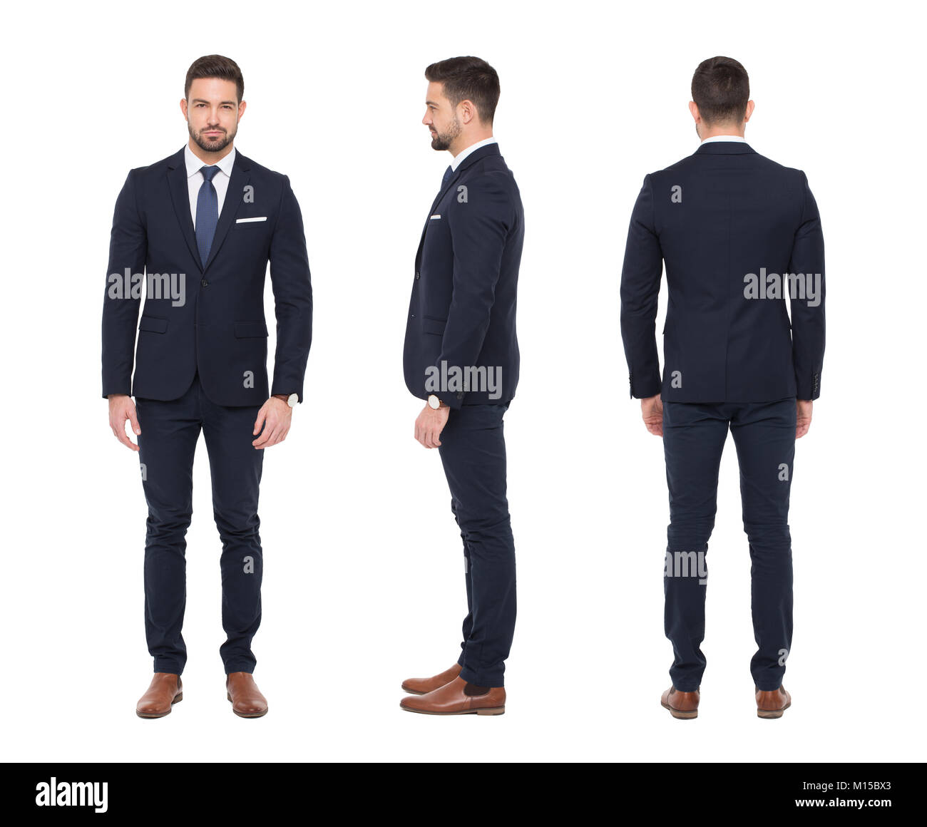 Young stylish caucasian businessman, front, side, rear view, isolated on white background Stock Photo