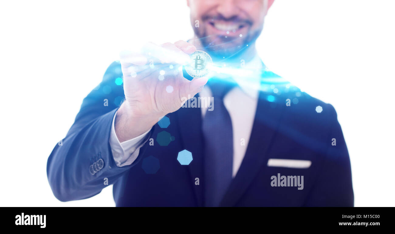 Happy businessman with bitcoin coin and blue glowing plasma field on white  Stock Photo - Alamy