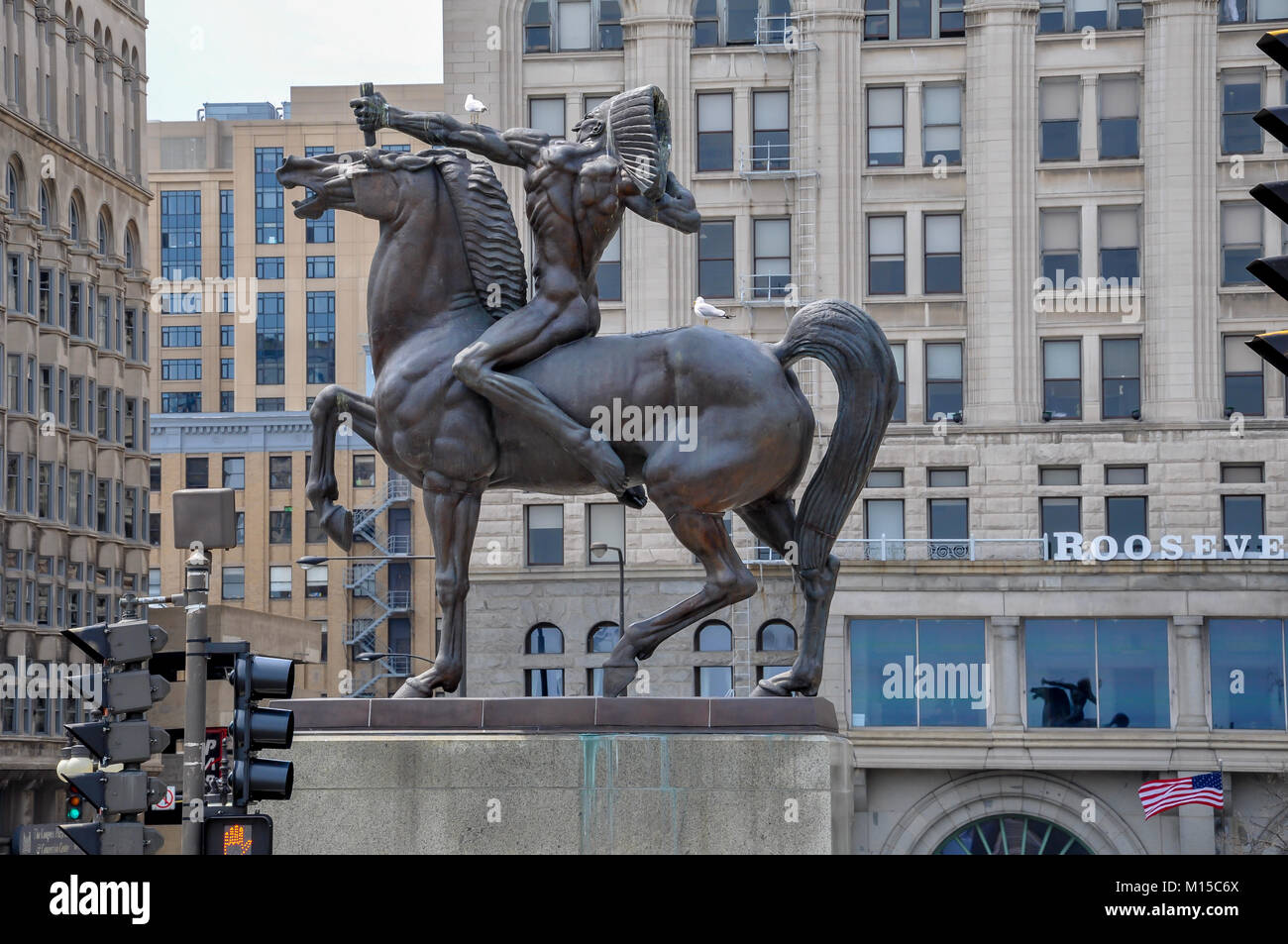 CHICAGO - MAY 5, 2011 - The Bowman, bronze sculpture of native american on horse, standing in Congress Plaza, at the intersection of Congress Parkway  Stock Photo