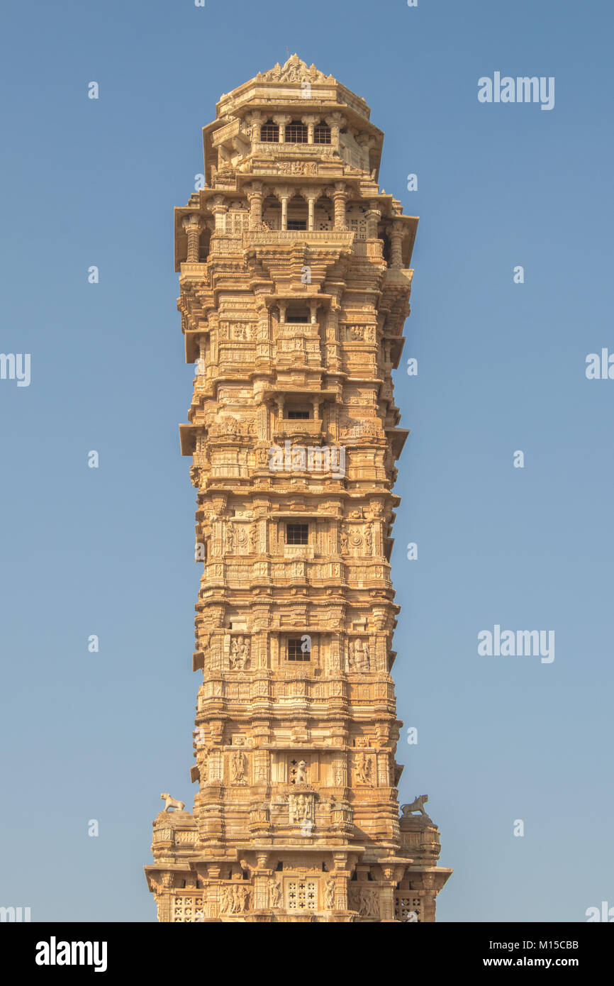 The Vijaya Stambha is an imposing victory monument located within Chittorgarh fort in Chittorgarh, Rajasthan, India. Stock Photo