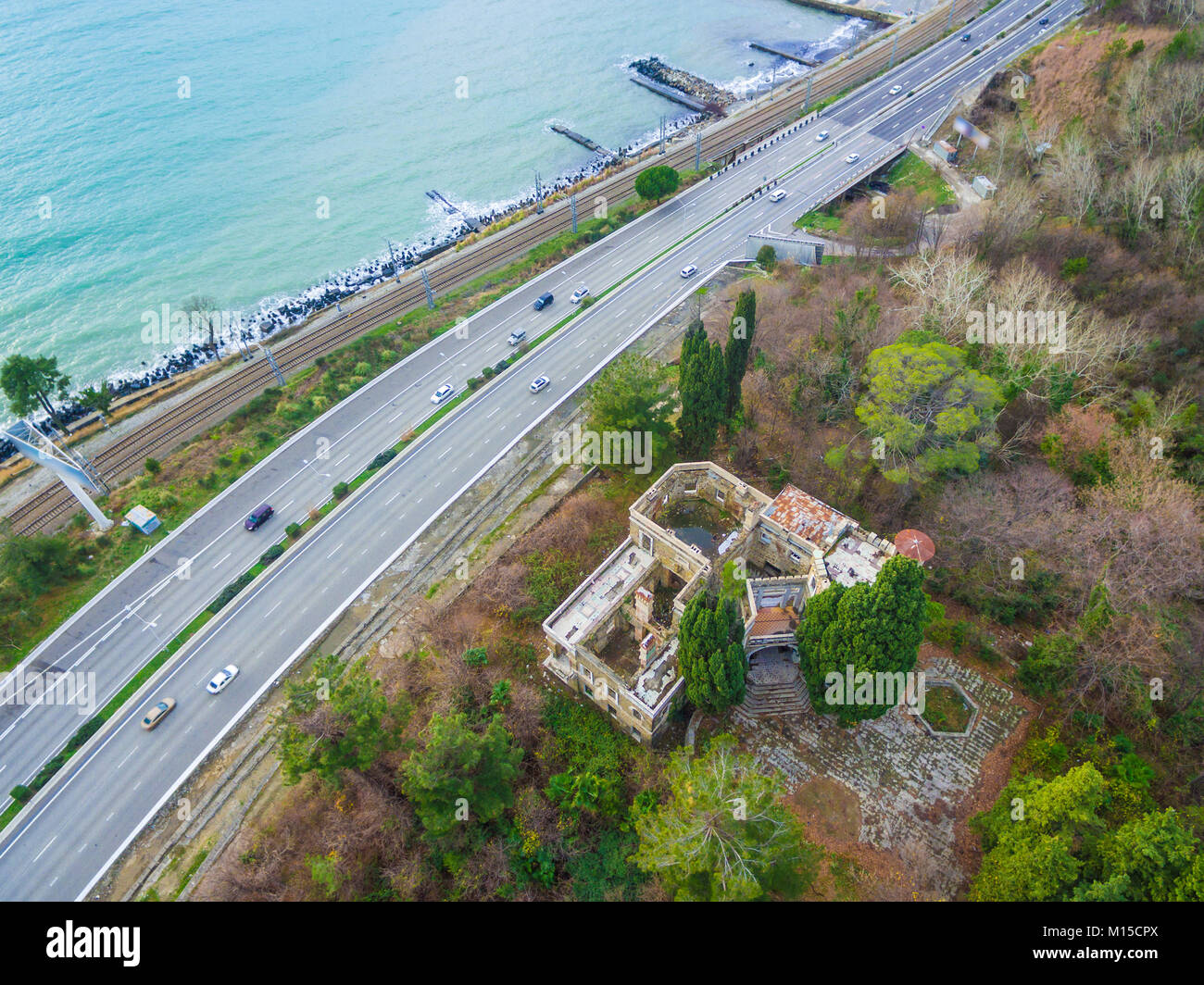 Drone view of the abandoned old mansion called Dacha Kvitko near ...