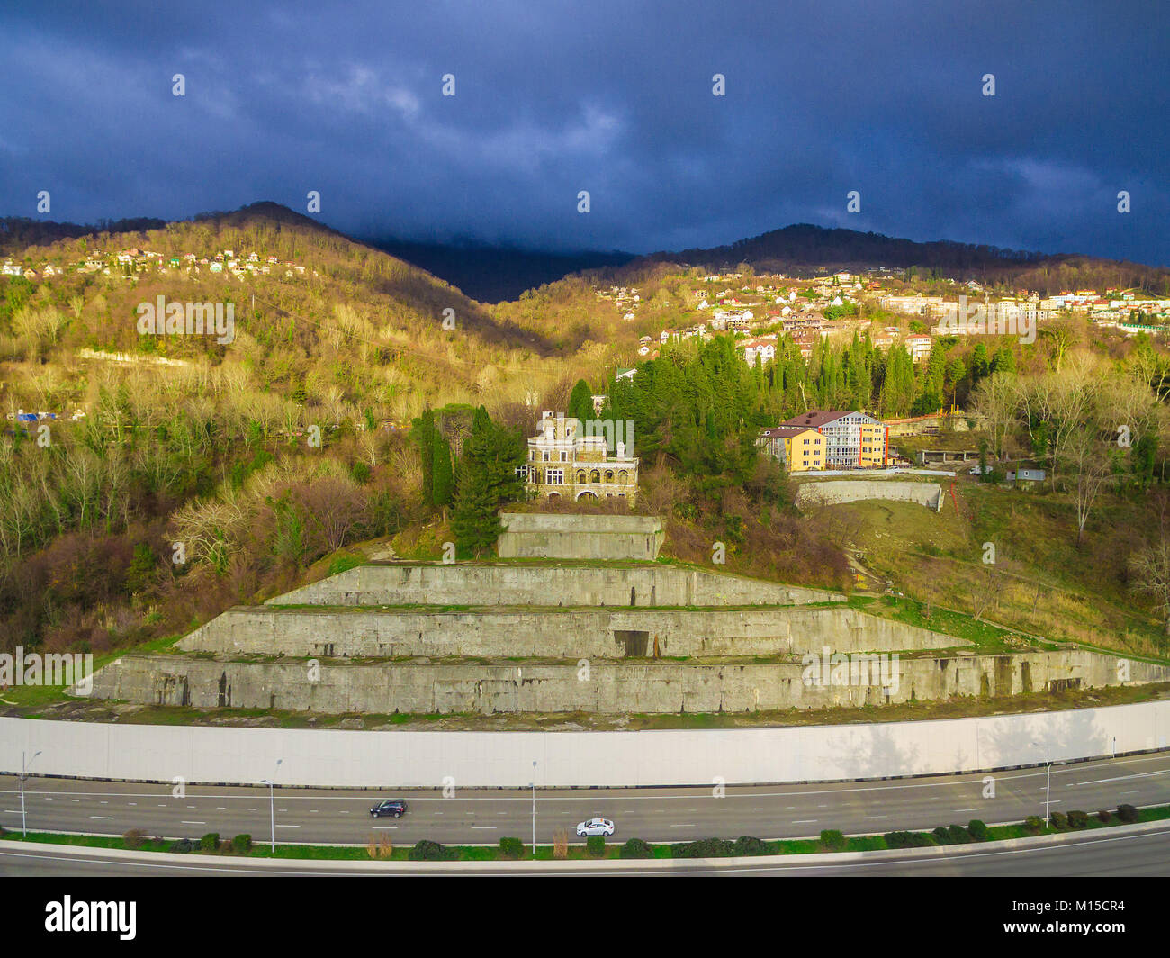Drone view of the abandoned old mansion called Dacha Kvitko near ...
