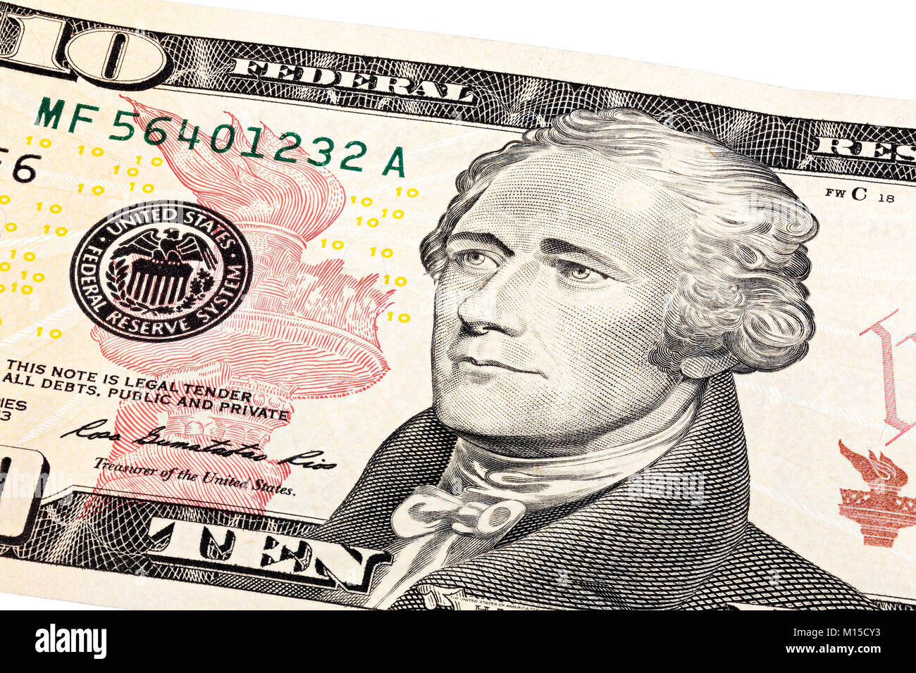 Close-up, stacked portrait of President Hamilton on 10 dollars b Stock Photo