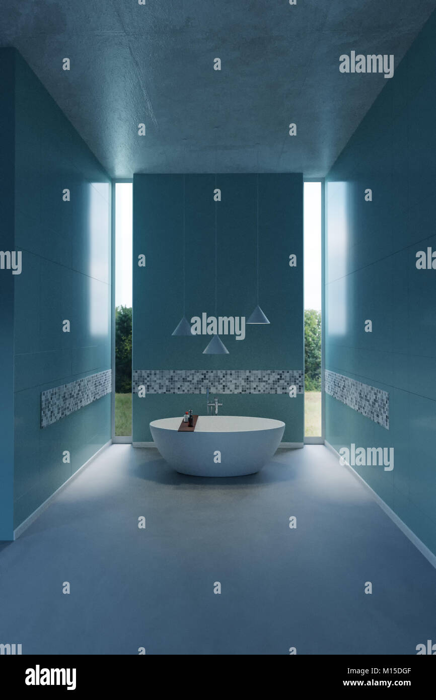 3d rendering of cyan modern bathroom with free standing bathtub Stock Photo