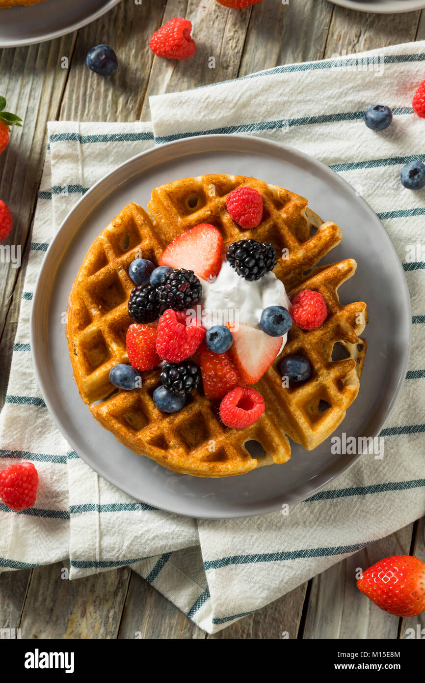 Sweet Homemade Berry Belgian Waffle with Whipped Cream Stock Photo