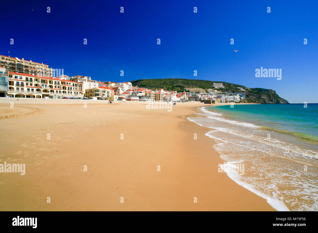 Beach and town at Sesimbra, south of Lisbon. Stock Photo