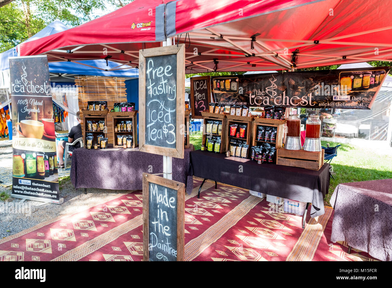 Range of teas including Daintree tea on sale at a market stall in Port Douglas markets,Far north