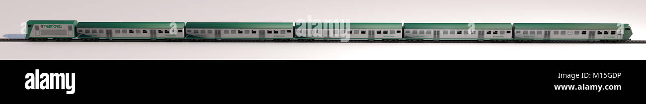 Side view of a train, railway convoy. Trenord Milan. Trenitalia, Fnm. Passenger transport, carriages and wagons. Tractor. 3d rendering Stock Photo