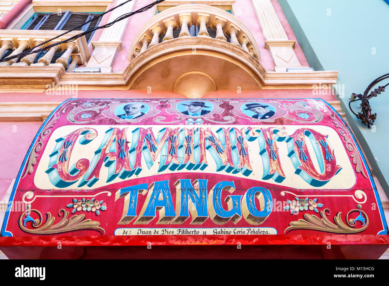 Buenos Aires Argentina,Caminito Barrio de la Boca,La Ribera Del Tango,restaurant restaurants food dining cafe cafes,bar lounge pub,colorful sign,Hispa Stock Photo